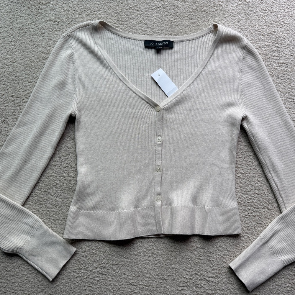 LOFT Versa Ribbed V-Neck Cardigan Long Sleeve Sweater Top Shirt Beige Clay Sz M